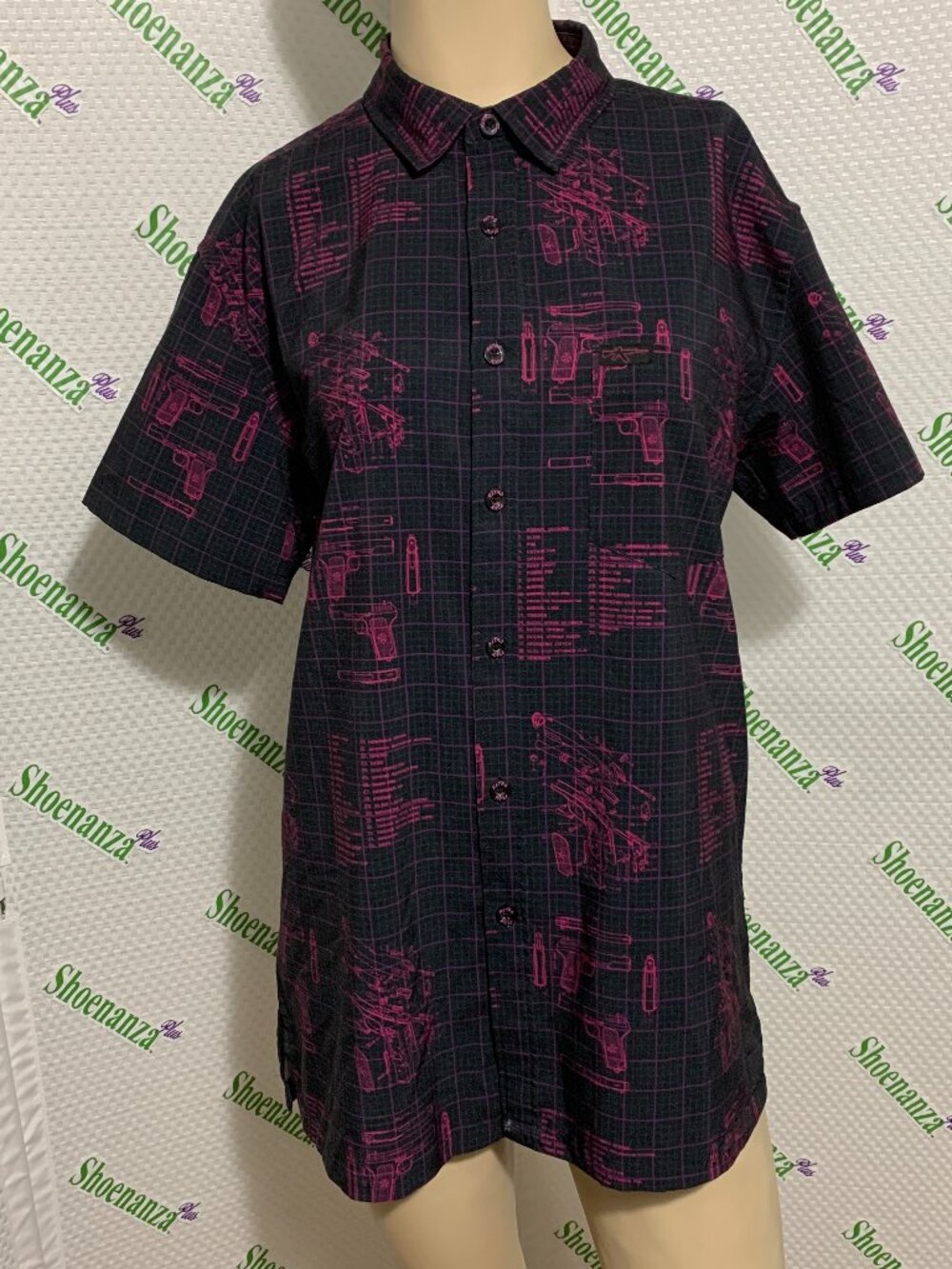 Retro Rifle Button Down Shirt 7.62 MM Retro Blueprint Black Pink Mens Medium M